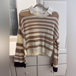 Anthropologie Brown and Cream Crew Neck Sweater with Stripes